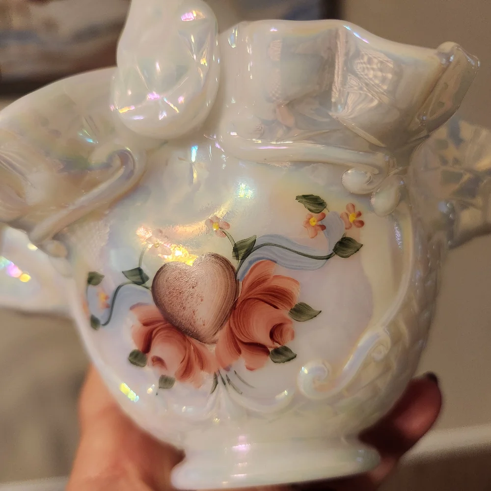 Fenton White Carnival Glass Opalescent Handpainted Basket Signed By Artist